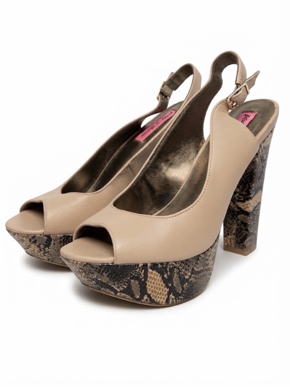 Betsey Johnson Mystifyy Nude Leather Peep Toe Snake Print Platform Slingbacks